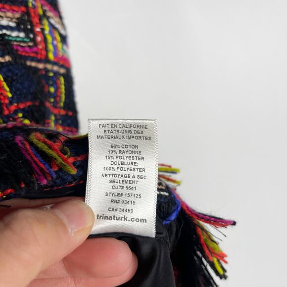 Trina Turk XS Black Pink Tweed Fringe Plaid Sleeveless Top Blouse Yellow Blue - Picture 8 of 8